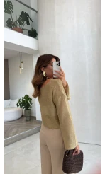Uzun Kol Simli Crop Bluz - Gold - Kod: 2807