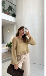 Uzun Kol Simli Crop Bluz - Gold - Kod: 2807
