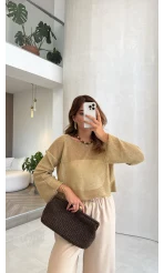 Uzun Kol Simli Crop Bluz - Gold - Kod: 2807