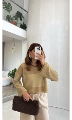 Uzun Kol Simli Crop Bluz - Gold - Kod: 2807