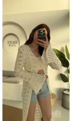 Uzun Triko Hırka Elbise Ekru