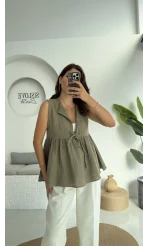 V Yaka Bağcıklı Bluz-1012-Haki