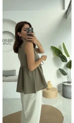 V Yaka Bağcıklı Bluz-1012-Haki