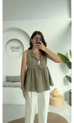 V Yaka Bağcıklı Bluz-1012-Haki