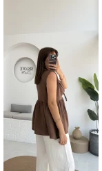 V Yaka Bağcıklı Bluz-1012-Kahverengi