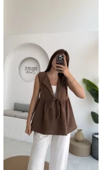 V Yaka Bağcıklı Bluz-1012-Kahverengi