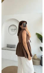 V Yaka Bağcıklı Bluz-1012-Kahverengi