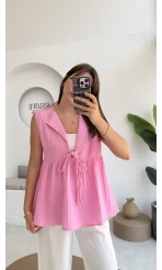 V Yaka Bağcıklı Bluz-1012-Şeker Pembesi