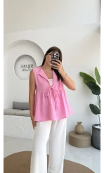 V Yaka Bağcıklı Bluz-1012-Şeker Pembesi