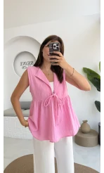 V Yaka Bağcıklı Bluz-1012-Şeker Pembesi