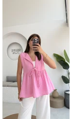 V Yaka Bağcıklı Bluz-1012-Şeker Pembesi