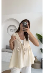 V Yaka Bağcıklı Bluz-1012-Taş