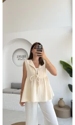 V Yaka Bağcıklı Bluz-1012-Taş