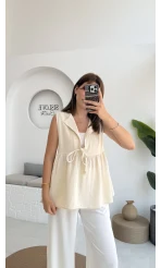 V Yaka Bağcıklı Bluz-1012-Taş