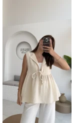 V Yaka Bağcıklı Bluz-1012-Taş