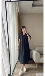 V Yaka Keten Lacivert Elbise