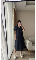 V Yaka Keten Lacivert Elbise
