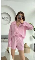 V Yaka Keten Şort Gömlek Takım Pembe