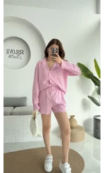 V Yaka Keten Şort Gömlek Takım Pembe