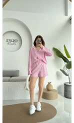 V Yaka Keten Şort Gömlek Takım Pembe