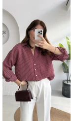V Yaka Oversize Çizgili Gömlek - Bordo - Kod: 4906