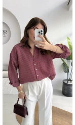 V Yaka Oversize Çizgili Gömlek - Bordo - Kod: 4906