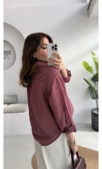 V Yaka Oversize Çizgili Gömlek - Bordo - Kod: 4906