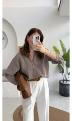 V Yaka Oversize Çizgili Gömlek - Kahve - Kod: 4906