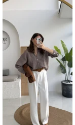 V Yaka Oversize Çizgili Gömlek - Kahve - Kod: 4906