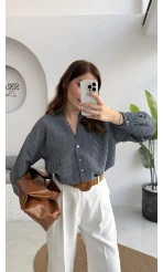 V Yaka Oversize Çizgili Gömlek - Lacivert - Kod: 4906