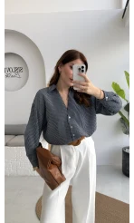 V Yaka Oversize Çizgili Gömlek - Lacivert - Kod: 4906