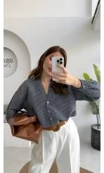 V Yaka Oversize Çizgili Gömlek - Lacivert - Kod: 4906