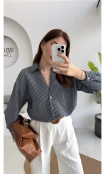 V Yaka Oversize Çizgili Gömlek - Lacivert - Kod: 4906
