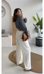 V Yaka Oversize Çizgili Gömlek - Lacivert - Kod: 4906