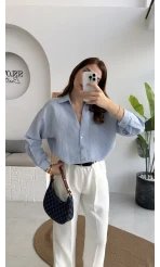 V Yaka Oversize Çizgili Gömlek - Mavi - Kod: 4906