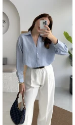 V Yaka Oversize Çizgili Gömlek - Mavi - Kod: 4906