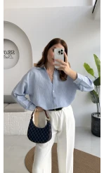 V Yaka Oversize Çizgili Gömlek - Mavi - Kod: 4906