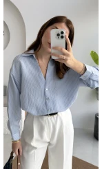 V Yaka Oversize Çizgili Gömlek - Mavi - Kod: 4906