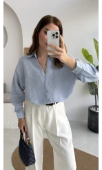 V Yaka Oversize Çizgili Gömlek - Mavi - Kod: 4906
