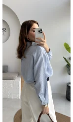 V Yaka Oversize Çizgili Gömlek - Mavi - Kod: 4906