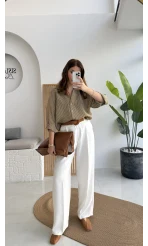 V Yaka Oversize Çizgili Gömlek - Olive - Kod: 4906