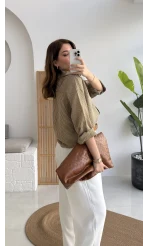 V Yaka Oversize Çizgili Gömlek - Olive - Kod: 4906