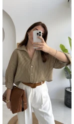 V Yaka Oversize Çizgili Gömlek - Olive - Kod: 4906