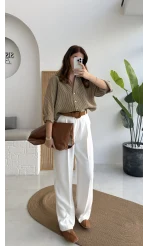 V Yaka Oversize Çizgili Gömlek - Olive - Kod: 4906