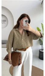 V Yaka Oversize Çizgili Gömlek - Olive - Kod: 4906