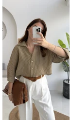 V Yaka Oversize Çizgili Gömlek - Olive - Kod: 4906
