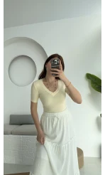 V Yaka Oys Sarı T-Shirt