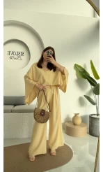 V Yaka Yarasa Kol Keten Takım Kavun Rengi