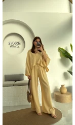 V Yaka Yarasa Kol Keten Takım Kavun Rengi