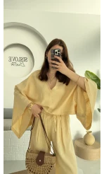 V Yaka Yarasa Kol Keten Takım Kavun Rengi